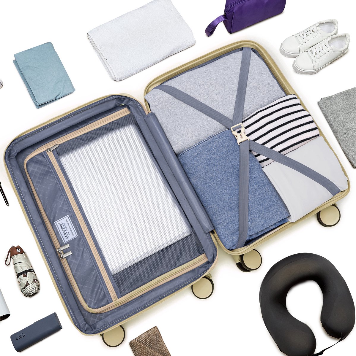 REDOM - Kofferset - 3-delig - Uitbreidbare 20 inch handbagage - Hardcase van polypropyleen - 8 spinnerwielen - Digitale sluiting - Champagne - 37 x 24 x 57 cm