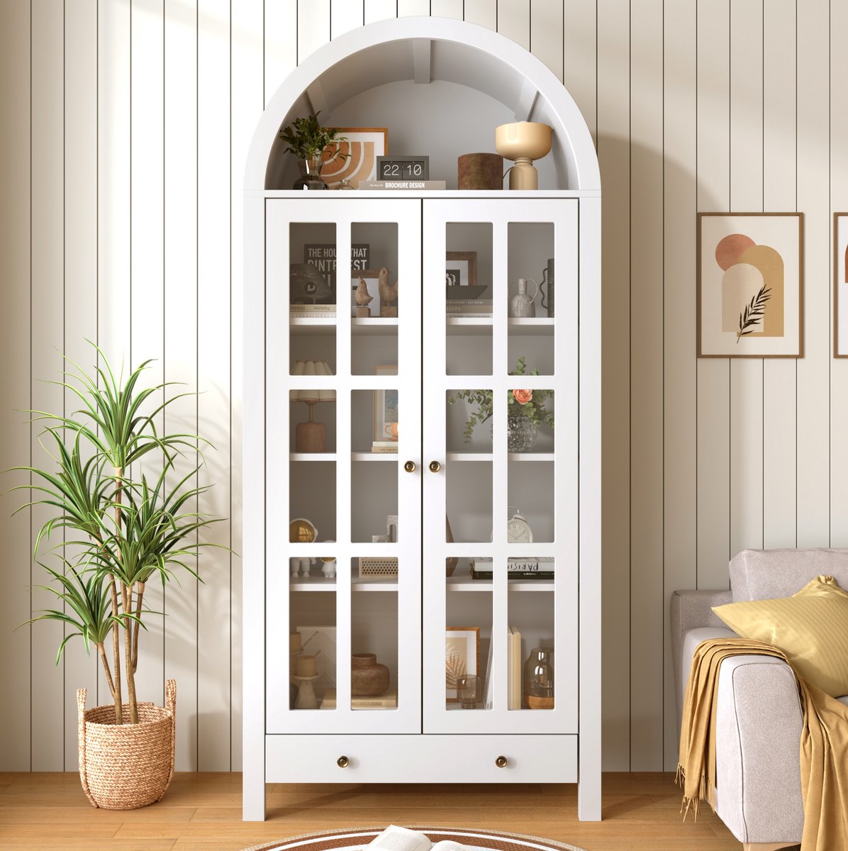 REDOM - Vitrinekast - Bogenontwerp - Verstelbare planken - Transparante acryl deuren - Lade - Woonkamer - MDF - Wit - 75 x 35 x 170,5 cm
