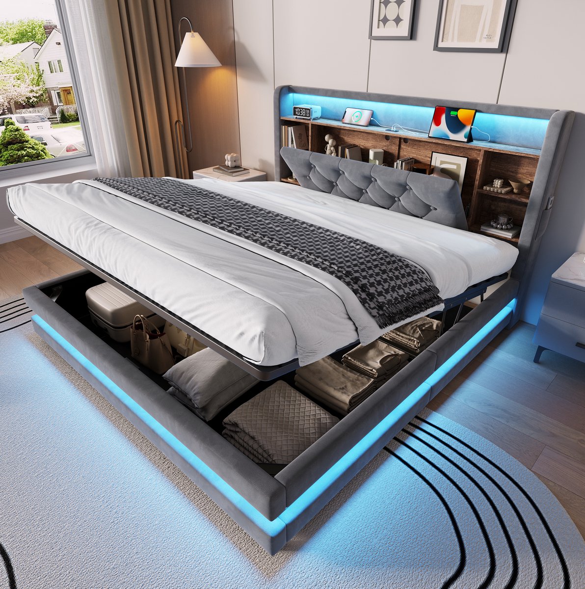 REDOM - Gestoffeerd bed met opbergruimte - Fluwelen bekleding - Hydraulische bedbak - LED en USB Type-C - Lattenbodem - Donkergrijs - 140 x 200 cm