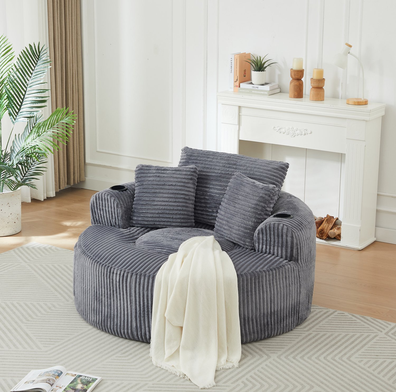 COVREO Fauteuil rond met 3 kussens – Loungestoel van corduroy – Eenpersoonsstoel voor thuis – 142x142x85 cm – Grijs