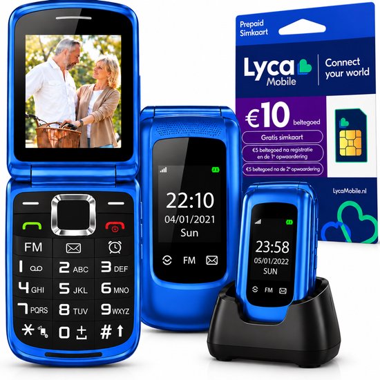 Blauwe senioren klaptelefoon met laadstation en meegeleverde Lyca Mobile simkaart.