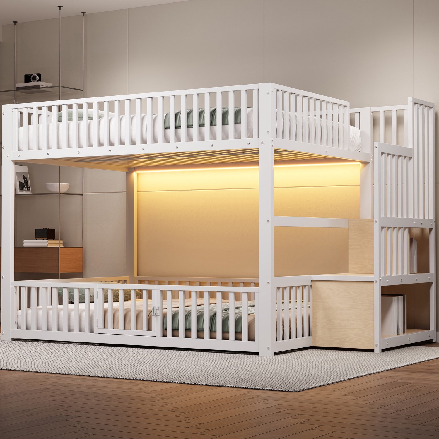 Kinderbed, Tweepersoonsbed, 140x200 Stapelbed met opbergladder, met LED, Wit