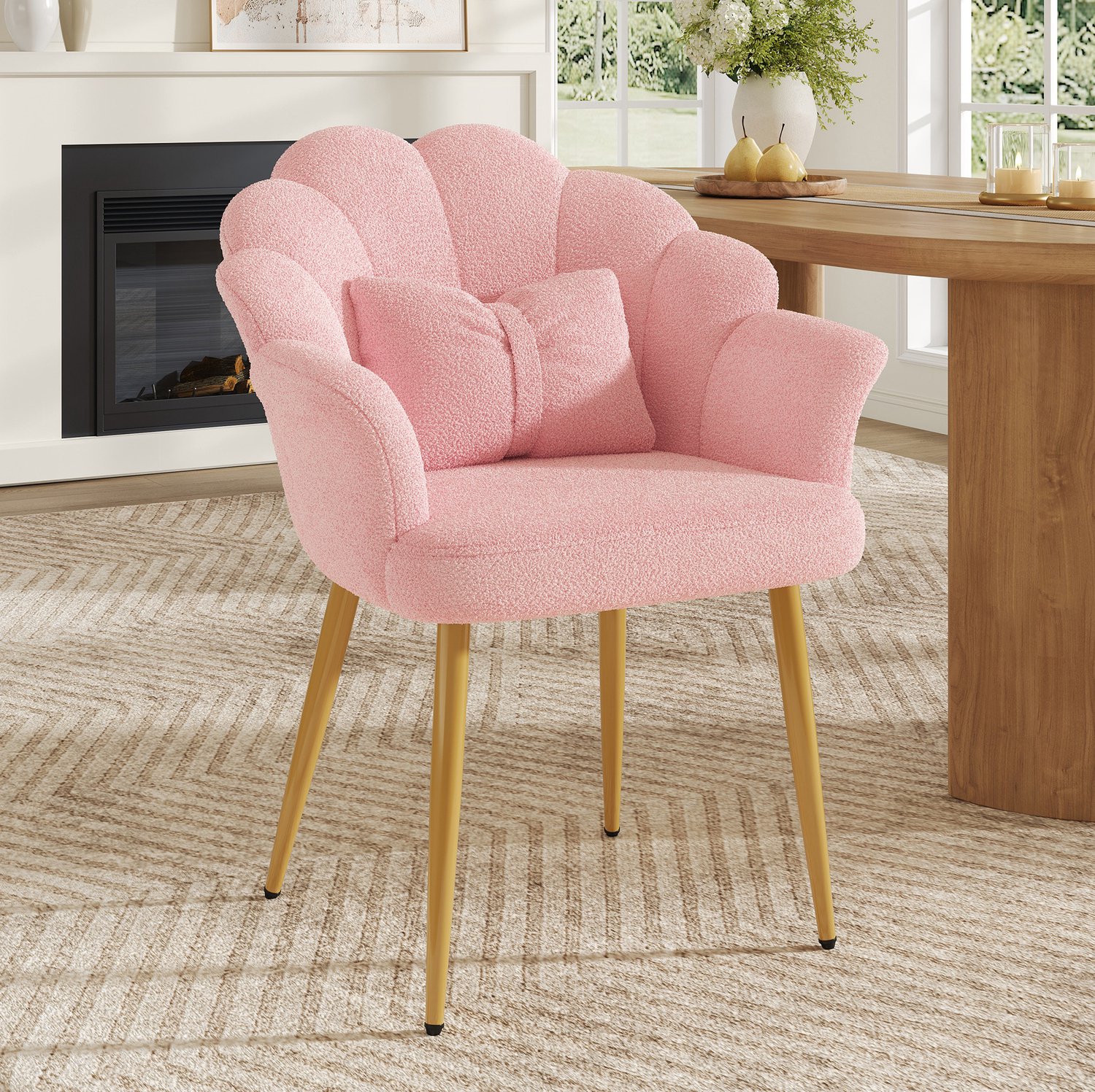 COVREO Fauteuil met armleuningen – 64 x 65,5 x 85 cm – Loungestoel met pluche stof – Zitmeubel met metalen poten – Roze