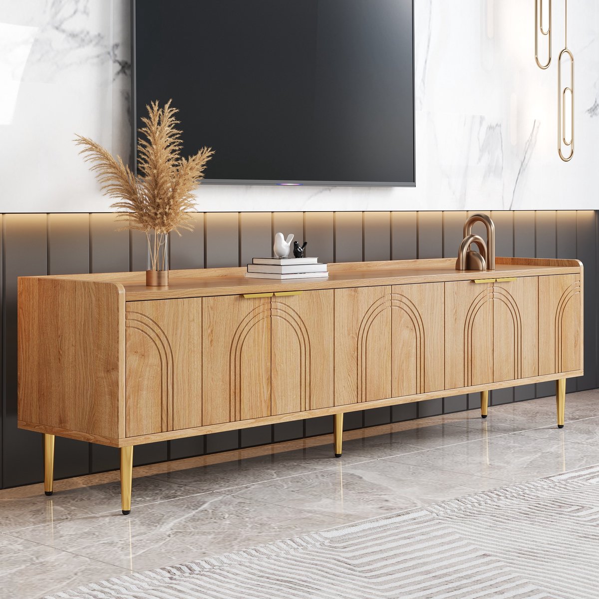 WUVRIE Tv-meubel 170 x 35 x 47,5 cm - MDF, gouden handgrepen en kabelmanagement - Naturel Natural