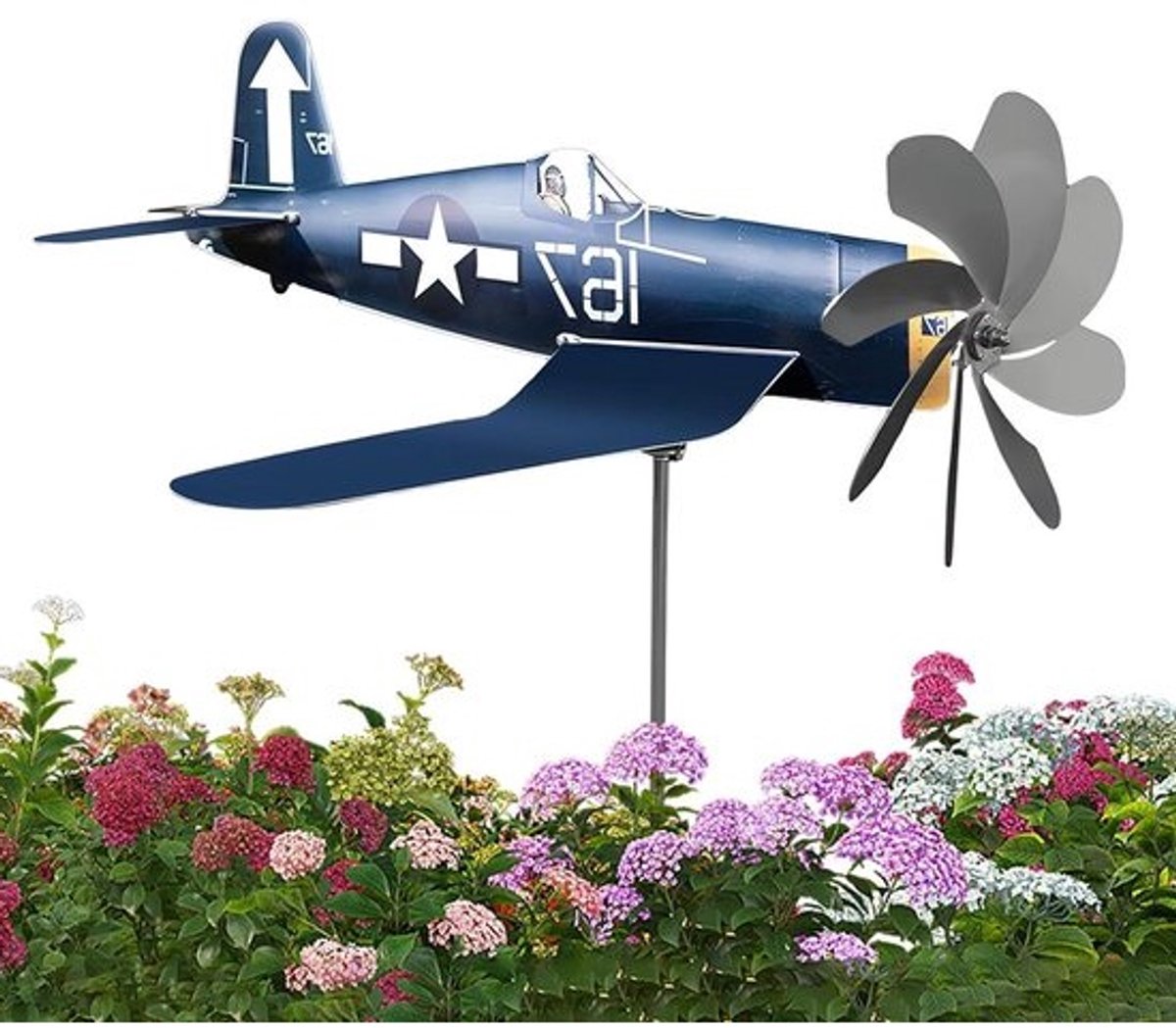Vliegtuig-windspinner - Metalen decoratie - Voor een sfeervolle tuin - Wind aangedreven - 1 stuk - Blauw