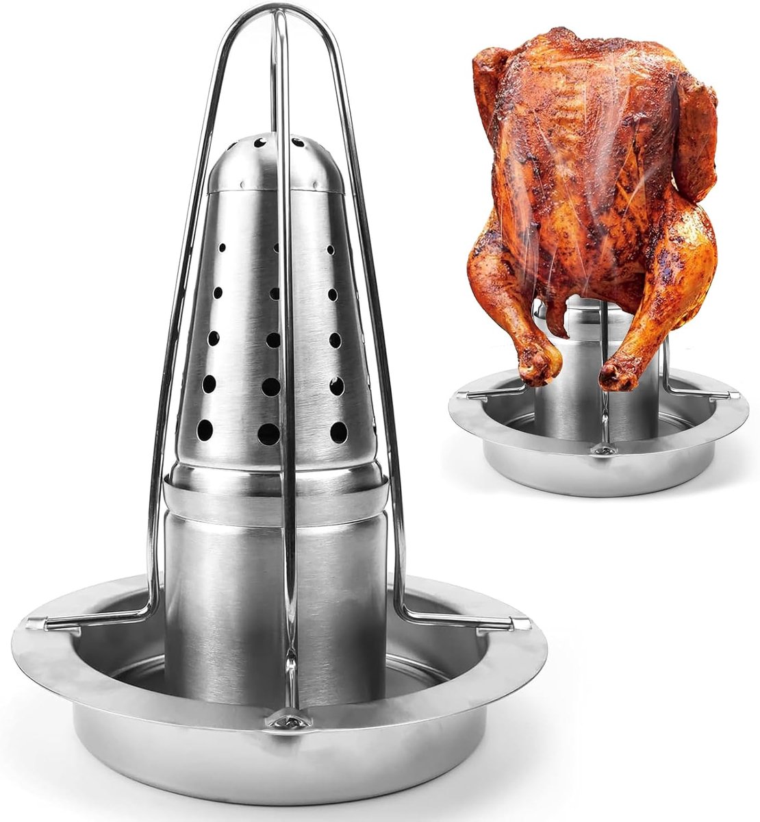 1 x geïntegreerde kippenbraadpan van roestvrij staal, kippenhouder met lekbak, kippengrill voor oven en barbecue - ShopVlot