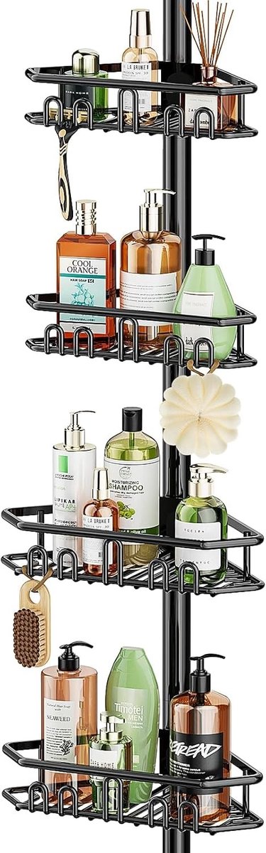 Telescopische Doucherack met 4 Planken, Hoekplank Zonder Boren voor Badkamer en Badkuip, Ideaal voor Shampoo en Doucheproducten