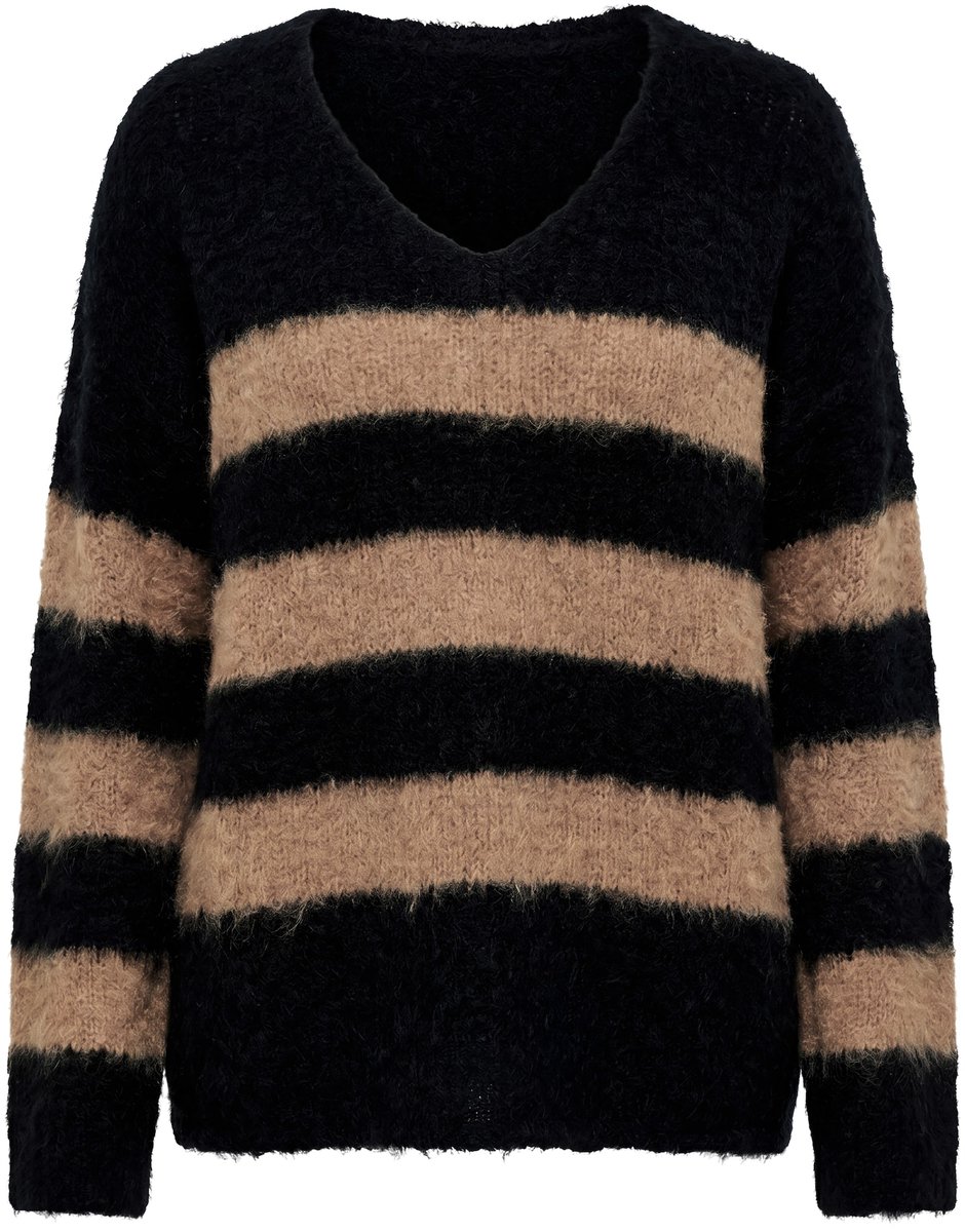 Ulla Popken - Dames - Pullover blokstrepen V-halslijn lange mouwen - Zwart - Maat 58+