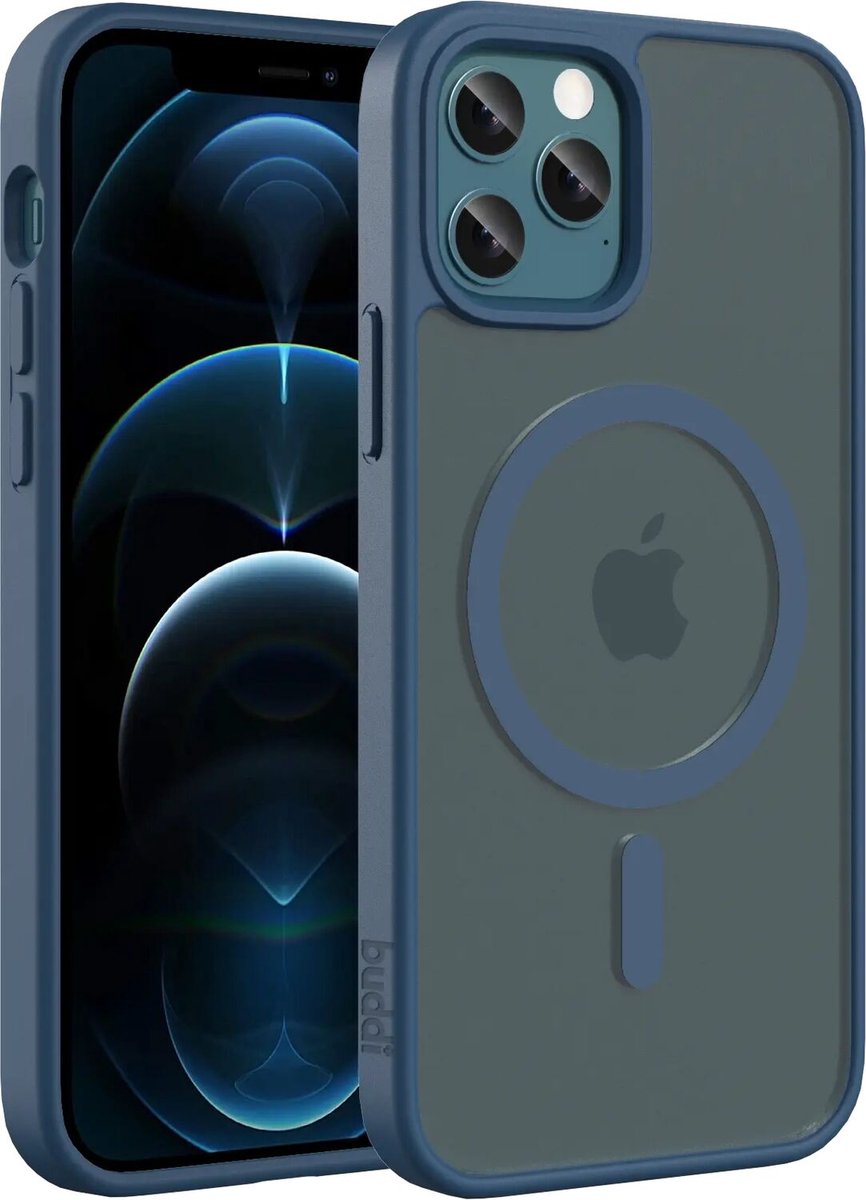 Buddi Frost Hoesje Geschikt voor Apple iPhone 12 / 12 Pro - Mat Donker Blauw - MagSafe Back Cover - Matchende kleur - Shockproof - Slank