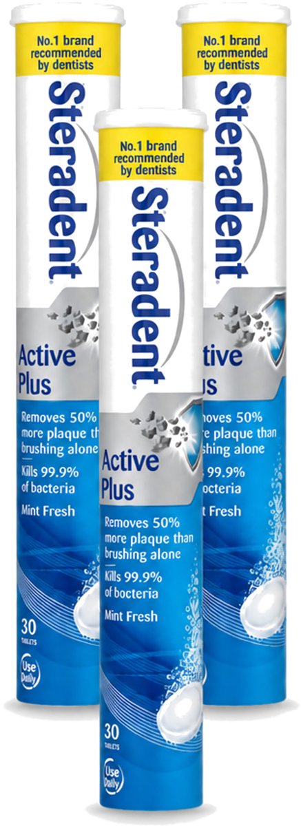 3 x Steradent - Reinigingstabletten - Active Plus - Tegen Tandsteen & Bacteriën - 30 Tabletten - Voordeelverpakking - 3 stuks