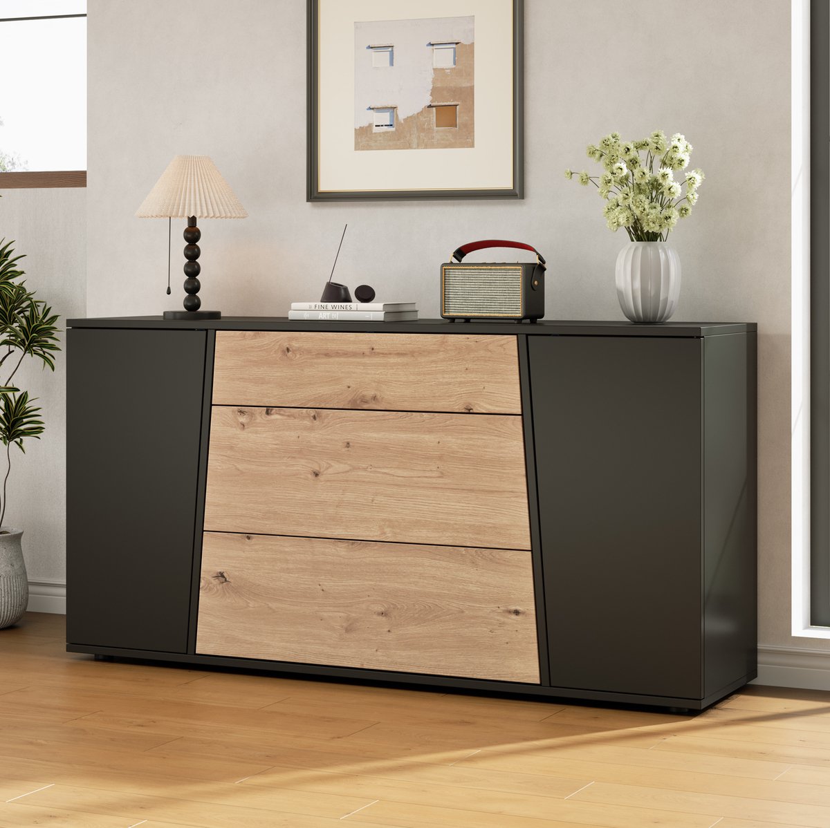OKWISH Dressoir - 3 Lades En 2 Deuren - Verstelbare Planken - Keuken En Woonkamer - MDF Zwart En Houtlook - 140x35x70 cm