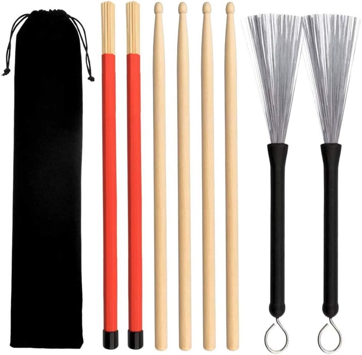 Drumstickset, 2 paar klassieke hoogwaardige esdoorn drumsticksets met intrekbare draadtrommelborstel en bundeldrumsticks, plus waterdichte tas
