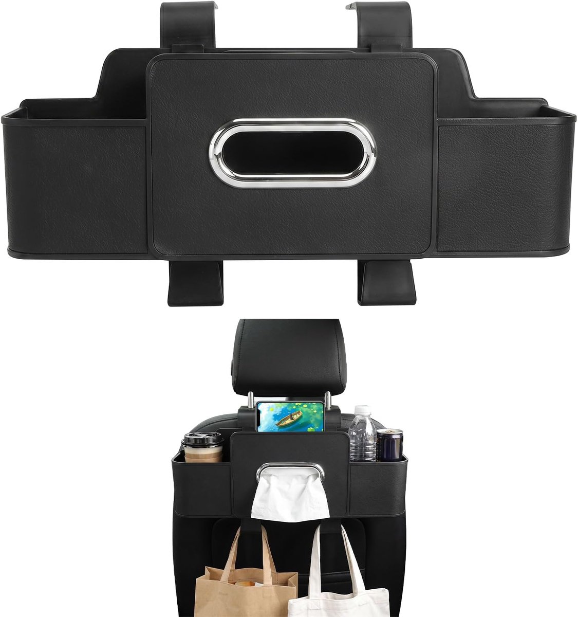 Autostoelorganizer, bekerhouder, achterbank, organizer met bekerhouder, zakdoekenbox, telefoonvak en 2 haken, auto-organizer, achterbank, voor auto, SUV, reizen