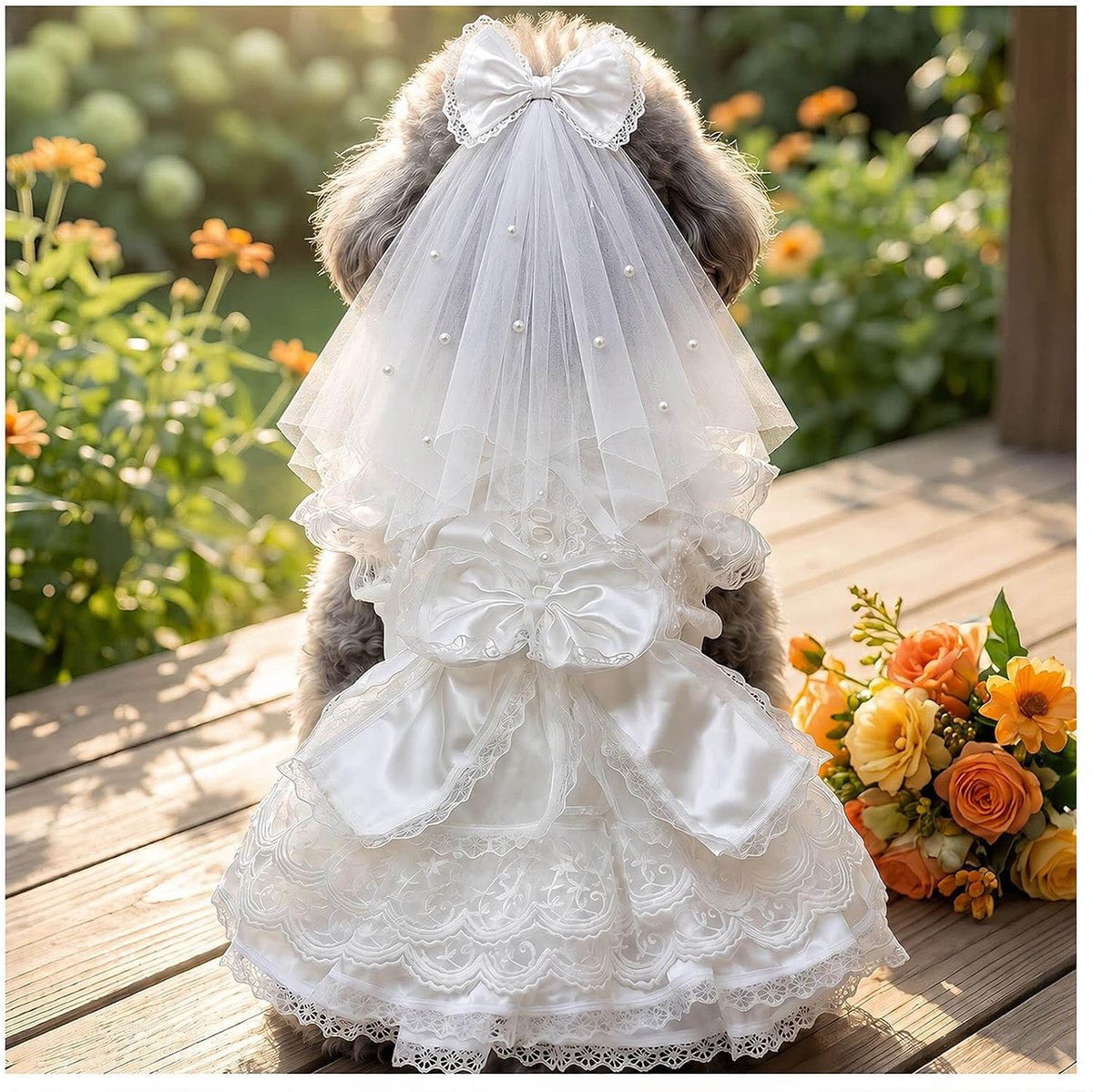 Hondenkleed voor bruiloft met sluier, wit kanten jurkje voor kleine honden, prinsessen hondenkleed met strik, feestelijk hondenoutfit voor bruiloft verjaardag fotoshoot, S