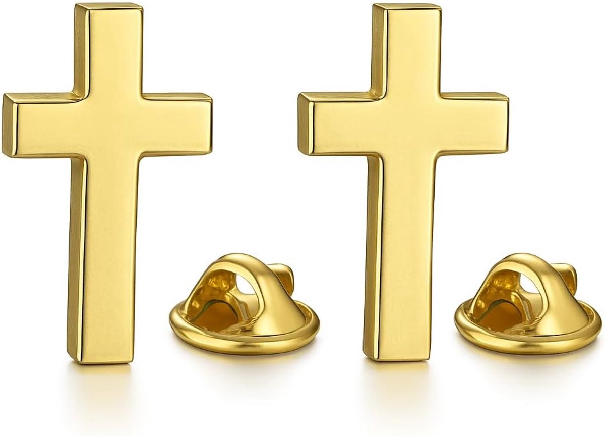 Set met twee pennen, christelijk kruis, goudkleurig, lasergravure op de achterkant, katholieke Jezus 3D-speld, goudkleurig, religieuze reversspeldje, broche voor dames en heren, Eén maat, Zink