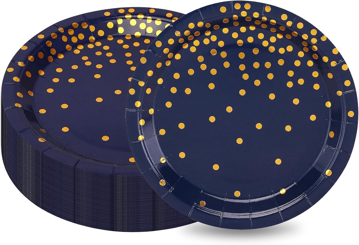 Marineblauwe papieren borden, 50 stuks met gouden foliepunten, verjaardagsfeestje servies