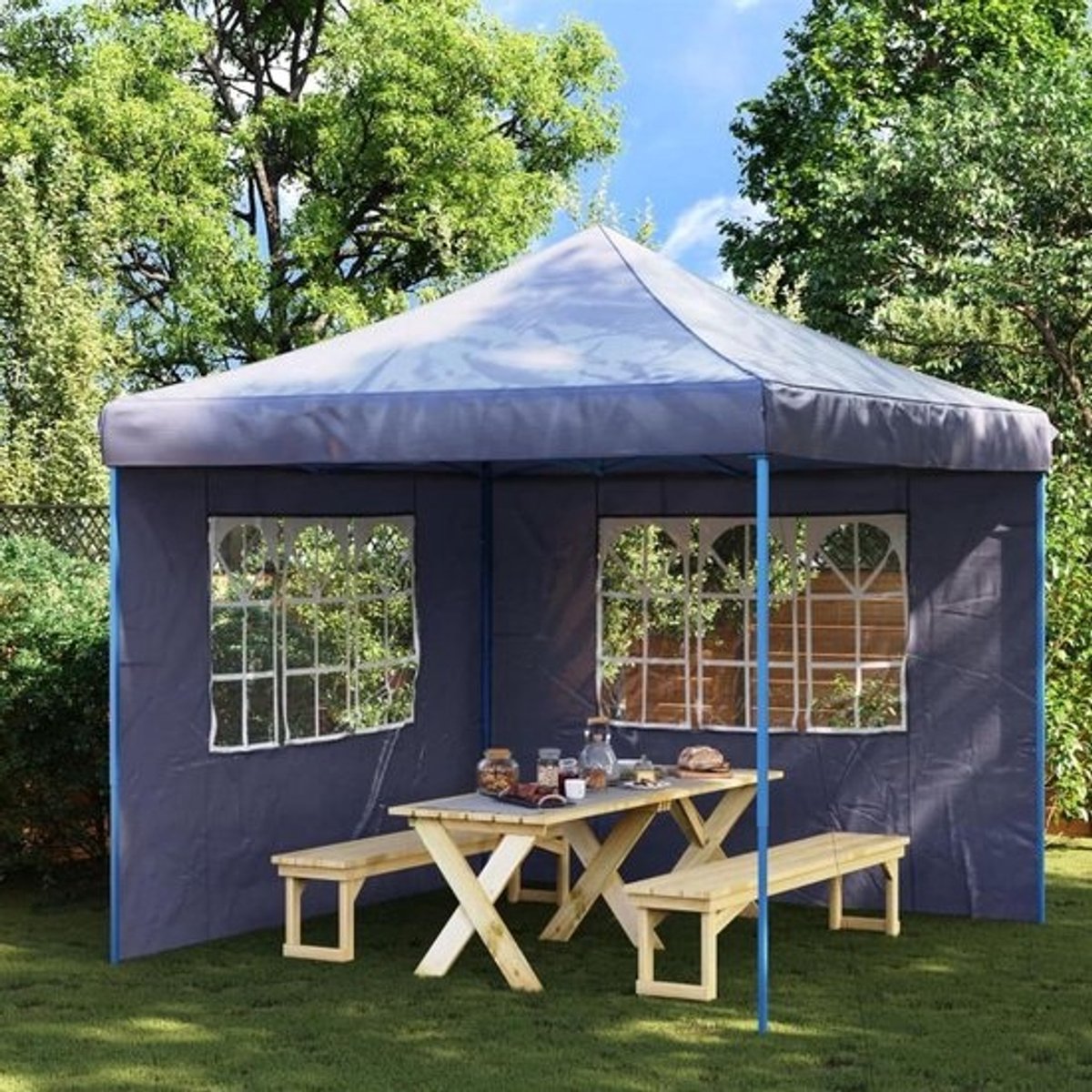 Partytentzijwanden - met ramen - Set van 2 stuks - 300x195 cm - Blauw - Uv-bestendig en waterbestendig PE - Universele paviljoenwanden - met klittenband