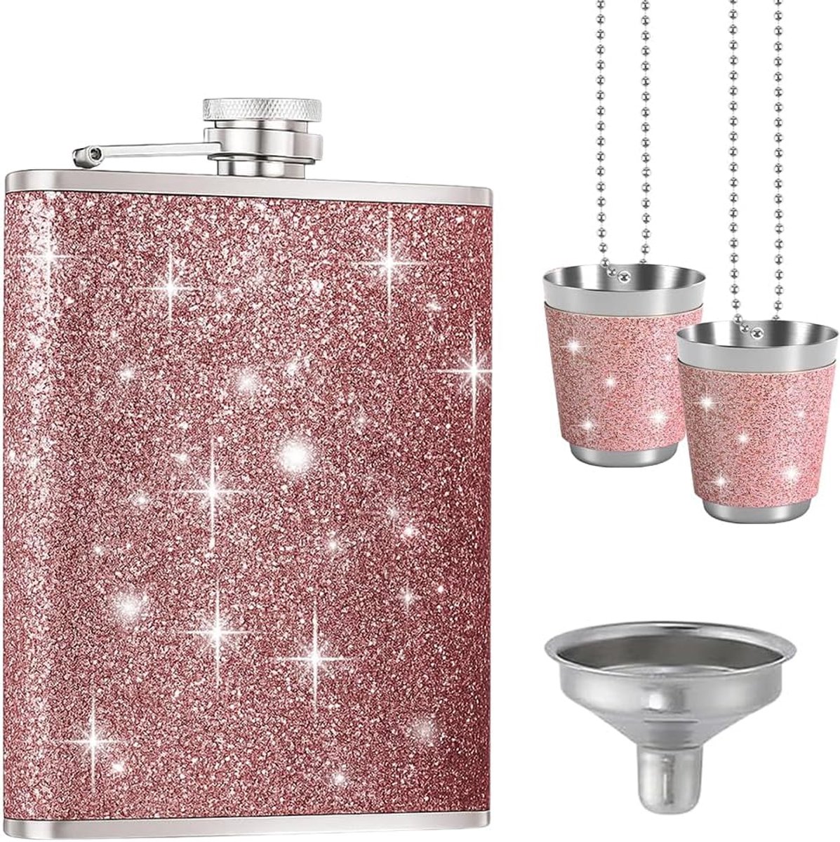 Rosa 240 met trechter en 2 kleine kopjes heupfles van roestvrij staal glitter voor whisky rum en wodka wandelen party