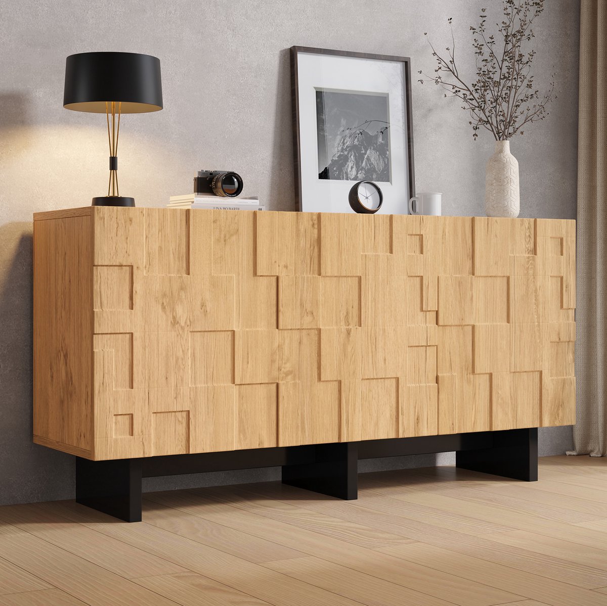 OKWISH Dressoir - 3 Deuren Met Drukopening - Voor Woonkamer Keuken En Werkkamer - MDF En Spaanplaat Naturel - 140 X 40 X 70 Cm Natuurlijk
