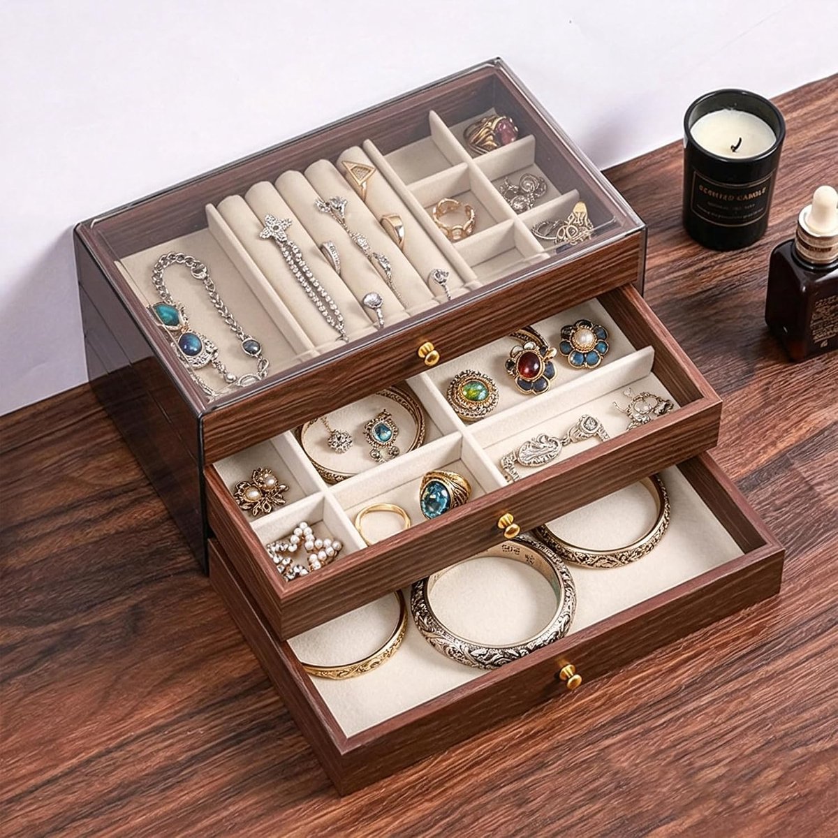 Sieradendoos voor dames met 3 laden voor sieraden en transparant venster, sieradendoos voor armbanden, oorbellen - ShopVlot