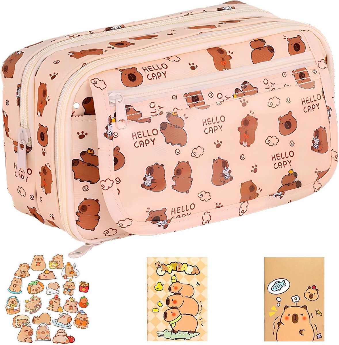 SnelShoppen - Grote Capybara Etui Set met 9 Vakken, 2 Notitieboekjes en 20 Stickers - Schattige Schoolbenodigdheden in Natuurlijke Kleuren - Perfect v
