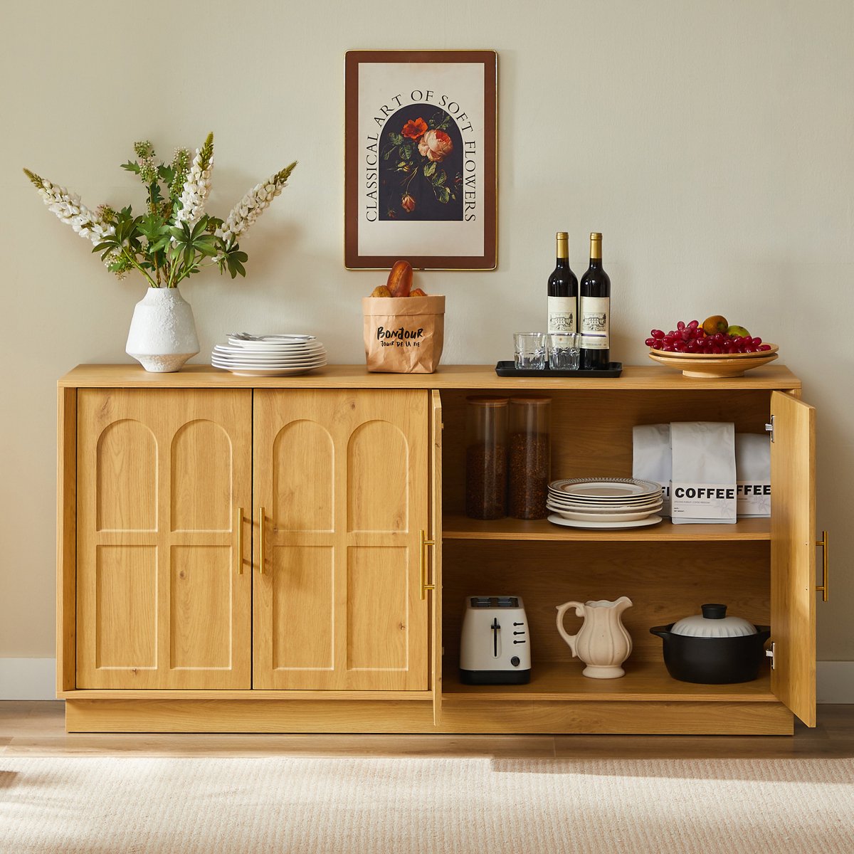 WUVRIE Dressoir 169x40x80 cm - Met verstelbare planken en openslaande deuren - Naturel Natuurlijk