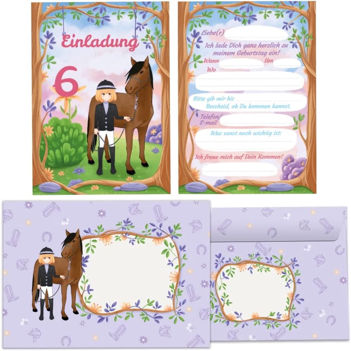 uitnodigingskaarten meisje met paard - 12 stuks - inclusief enveloppen - perfect voor 6e verjaardag - ShopVlot