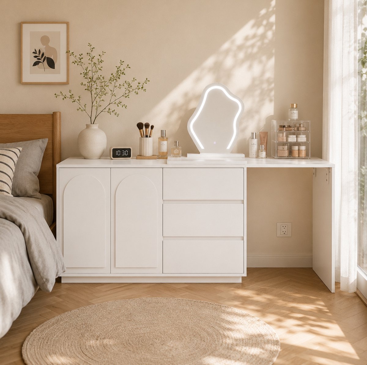 OKWISH Kaptafel - Ledspiegel Met Drie Lichtkleuren - Uitschuifbaar Werkblad - 3 Lades En 2 Opbergvakken - Spaanplaat Wit - 140 x 40 x 75 cm