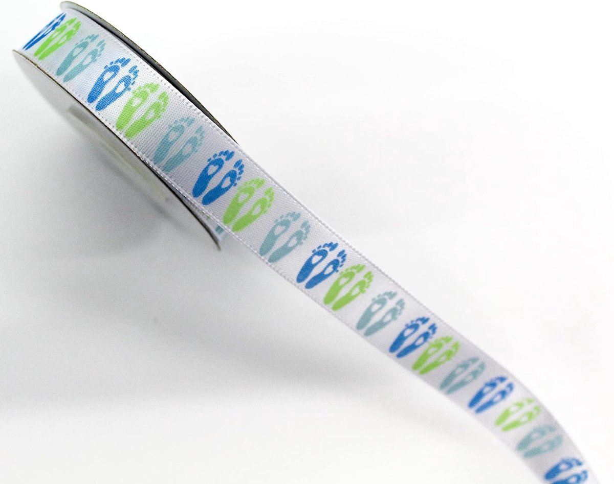 Satin ribbon 15mm foot motif ribbon baby feet baby christening birth green-light blue - ShopVlot