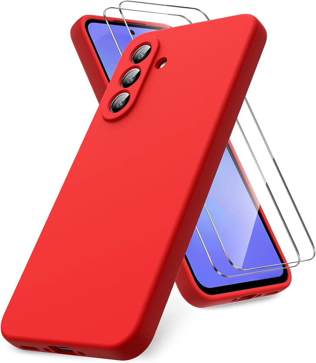 Telefoonhoesje voor Samsung Galaxy A36 5G, 2 stuks, zachte telefoonhoes, verharde screenprotector, TPU-silicone, schokbestendig, rood