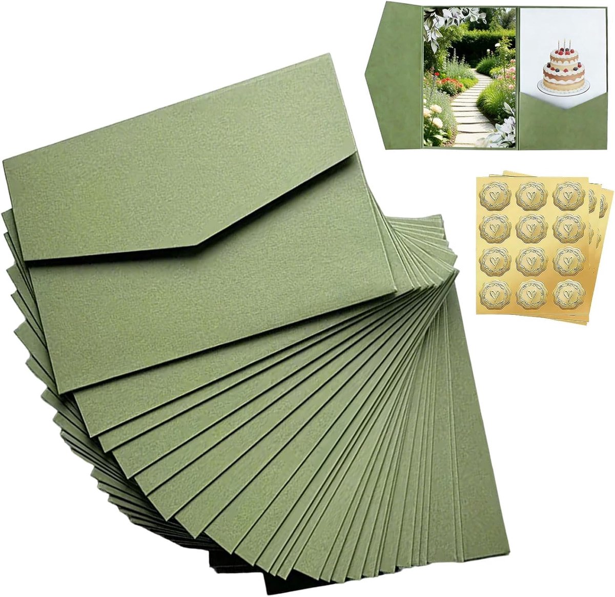 Kaarten, 25 stuks kraftpapier, pocketfold-enveloppen en waszegel, zelfklevend, saliegroen, uitnodigingskaarten voor bruiloft, saliegroen uitnodigingskaarten