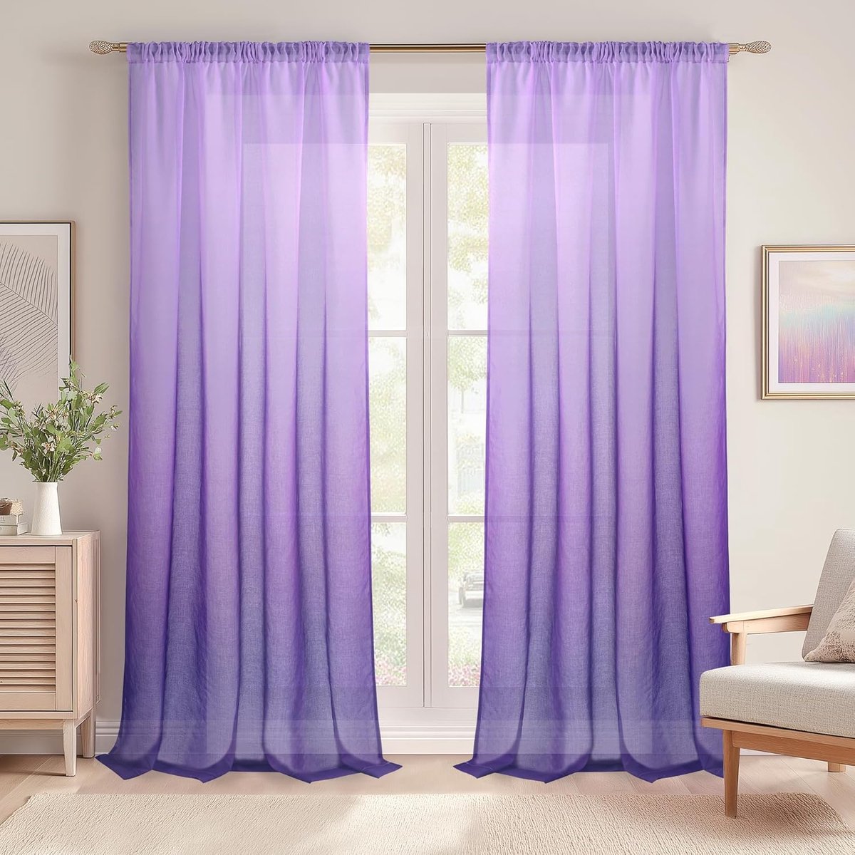 Paarse voile gordijnen met plooiband, H 245 x B 140 cm, draadgordijn, railsysteem, gordijnen woonkamer, transparant, luchtig, lang, ombre voor slaapkamer, kinderkamer meisjes, set van 2