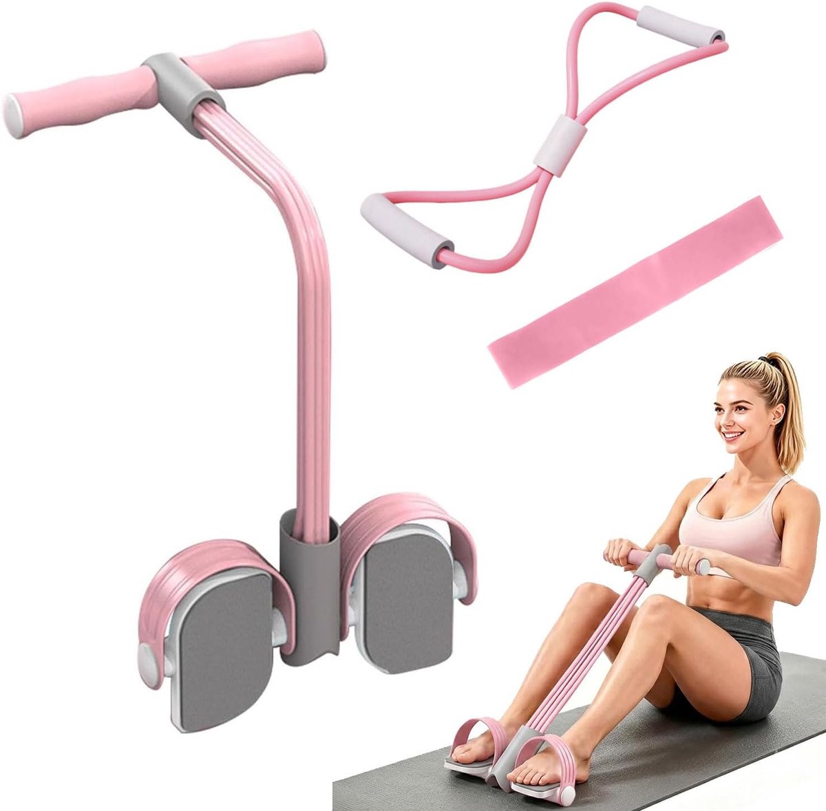 Buiktrainer, 6 buizen met pedaal, roze - Multifunctioneel trektouw met pedalen en handgrepen voor het hele lichaam - ShopVlot