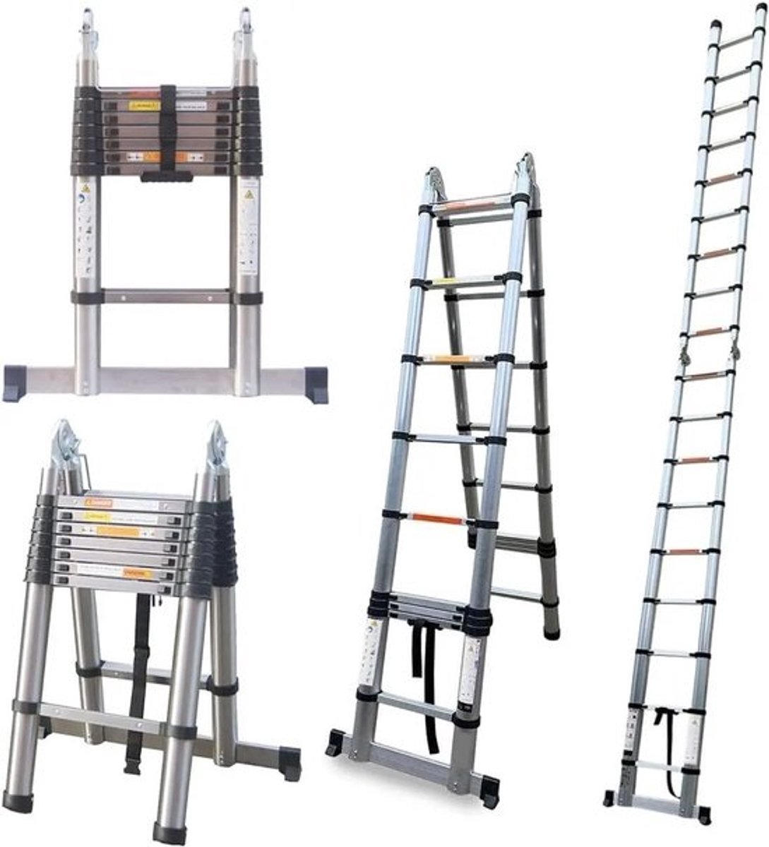 5 m telescopische vouwladder - A-frame en rechte ladder van roestvrij staal - 2-in-1 verlengladder met 150 kg draagvermogen, antislipstabilisatie en compact opvouwbaar formaat voor binnen en buiten