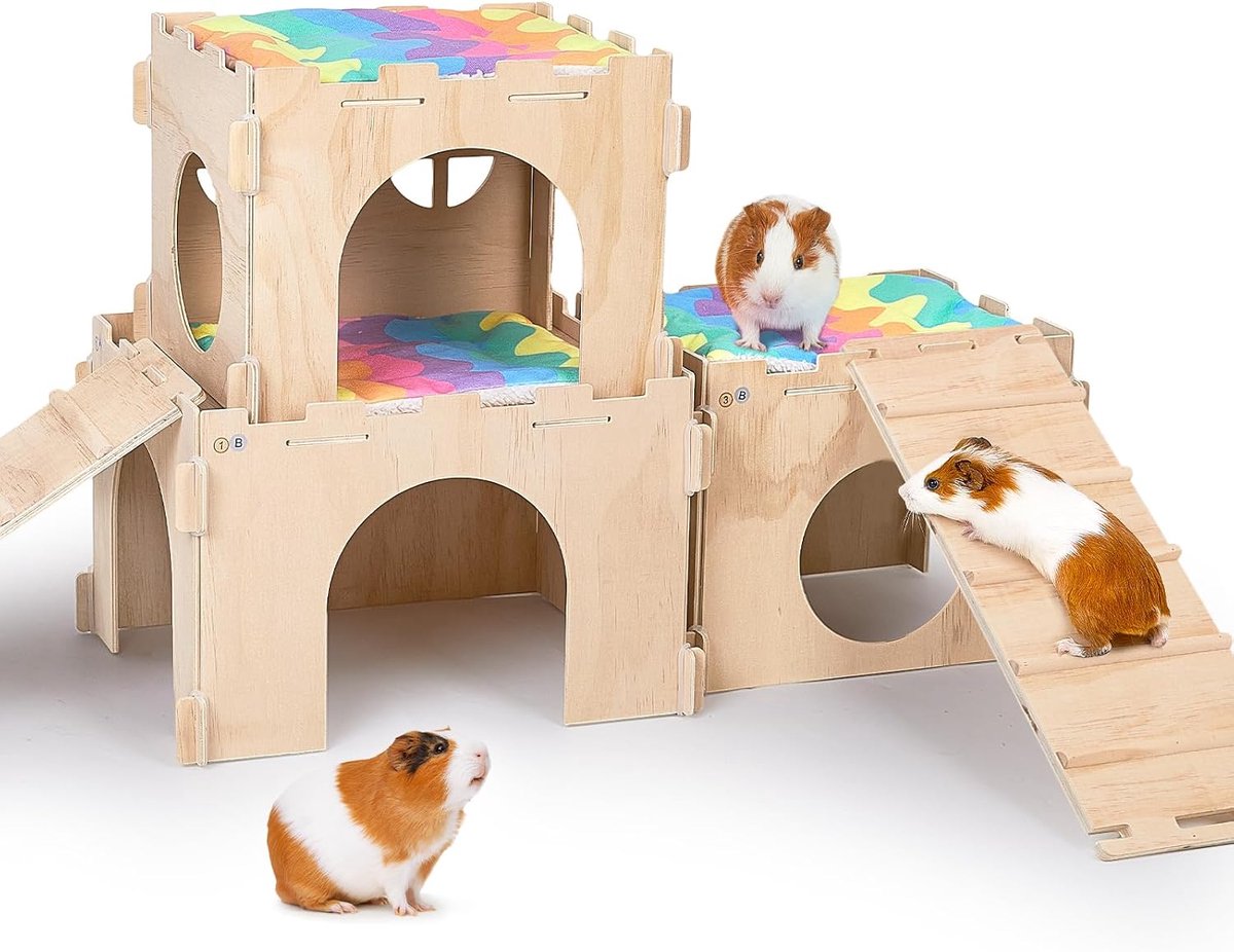 Caviahuis, Schuilplaats voor Kleine Huisdieren met Ramp, Meerdere Deuren en Ramen, Kooi-accessoire voor Hamsters en Andere Kleine Huisdieren
