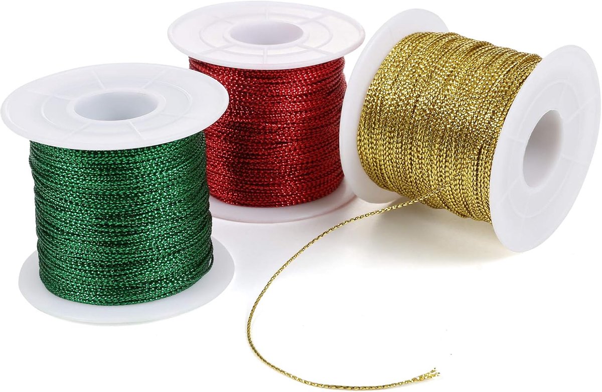 3 rollen knutselkoord Kerstmis koord om op te hangen van kerstdecoratie Bakers Twine voor adventskalender, rood/groen/goud