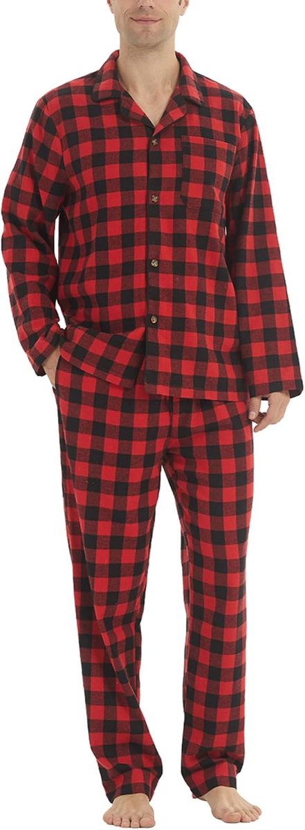 Pyjama voor heren, katoen, geruit, loungewear met zak, top en broek met lange mouwen, 2-delige zachte nachtkleding, warme winterpyjama's