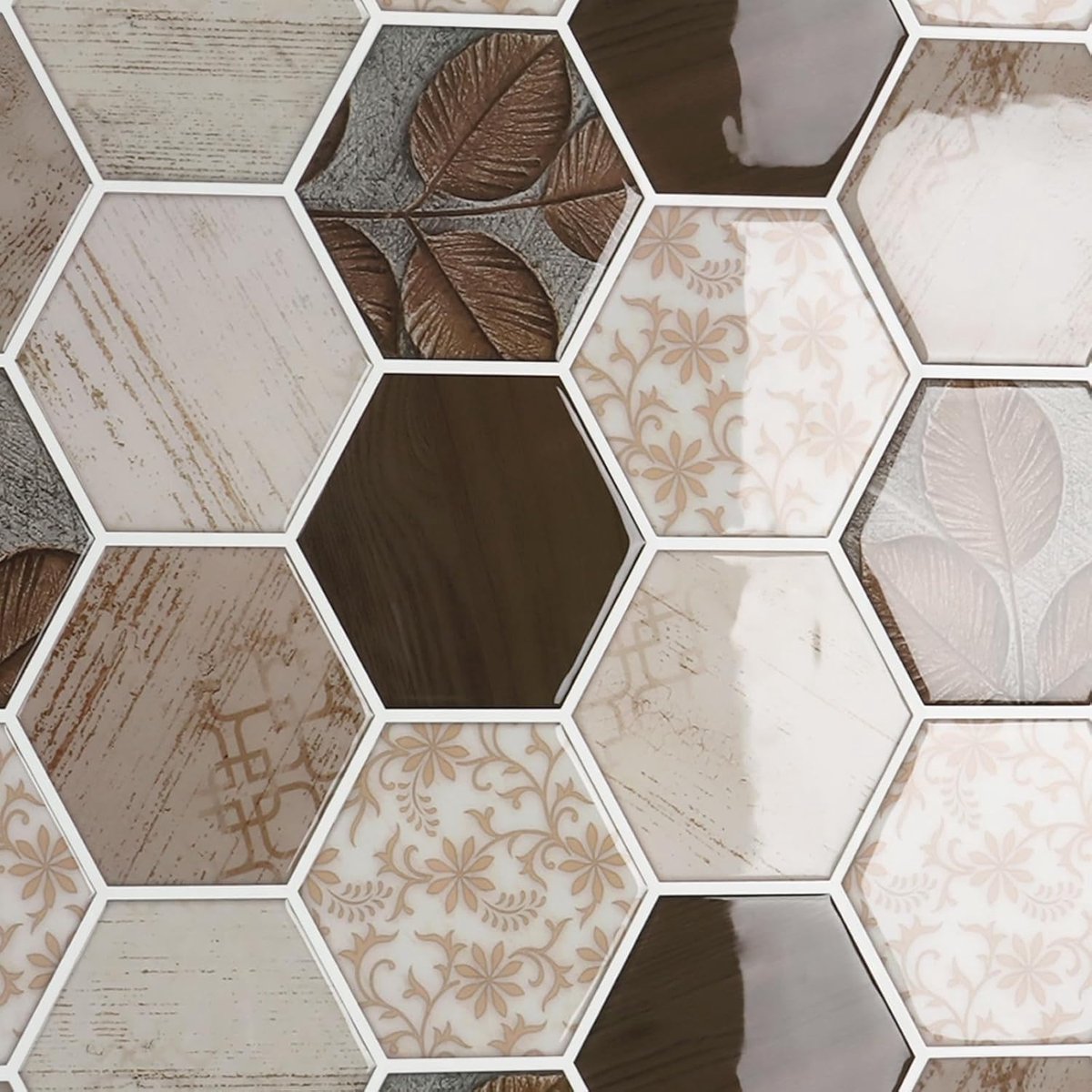 Hexagon Peel and Stick wandtegels - Boho stijl, bruin en wit, 3D, 4 stuks, 30,5 cm x 30,5 cm - keuken, badkamer, wasruimte, open haard