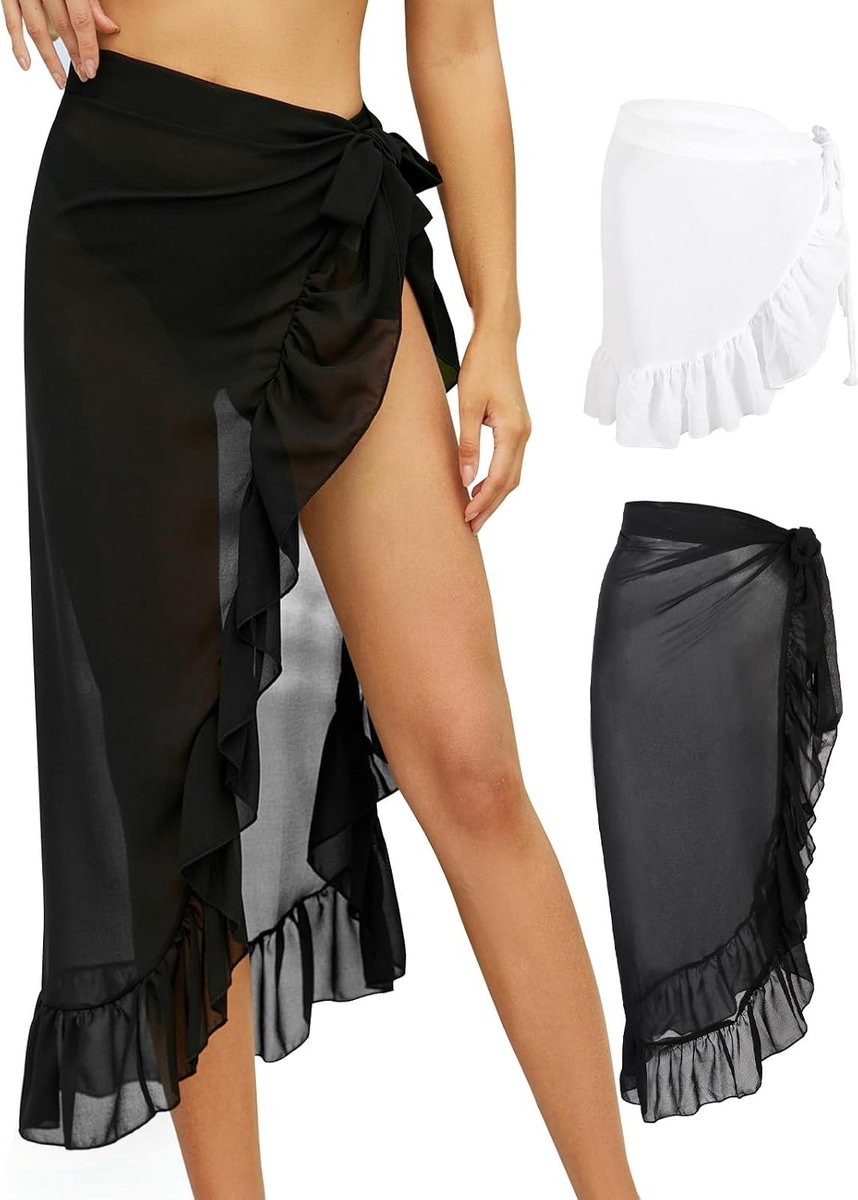 2 STKS Sarong Beachwear Chiffon Doorschijnende Strand Rokken voor Vrouwen Strand Cover Up Pareo Lace-up