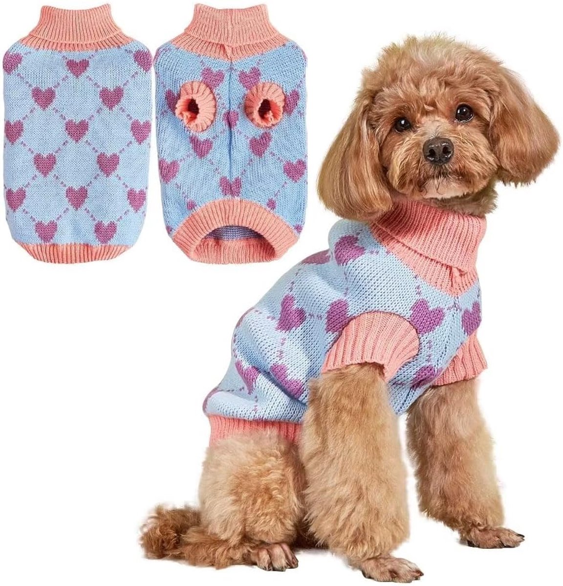 Hondentrui, trui voor honden, trui met ronde hals en gebreid patroon, warme winterjas voor honden, puppy's en katten (M, Blauw)