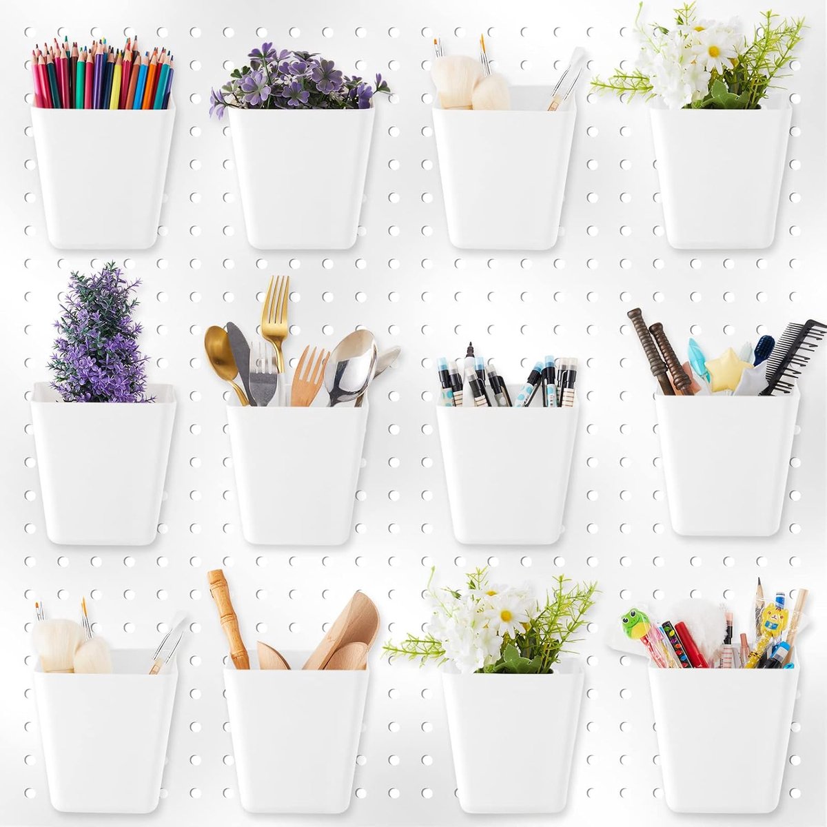 12 sets Pegboard Cups met Pegboard Haken Loops Grote Pegboard Bakken Witte Pegboard Muur Organizer Peg Board Containers Vierkante Doos Vorm Pegboard Cup Houder voor Garage Kantoor Werkplaats