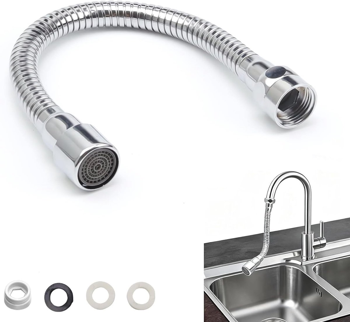 Verstelbare 30 cm RVS Kraanuitbreiding met Draaibare Aansluiting en Dichtingen voor Badkamer, Hotel of Keuken