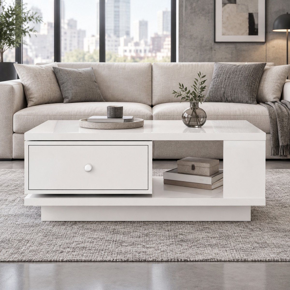 STILVORA Salontafel - Hoogglans Met Draaibare Lade En Open Vak - Voor De Woonkamer - MDF En Spaanplaat - 90x48x35 Cm - Wit