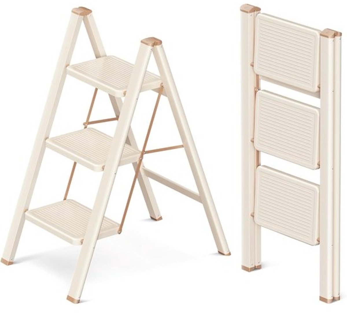 Opvouwbare ladder - Keukentrapje - Klusjes in huis - Brede antisliptreden - 3 treden - Crèmewit