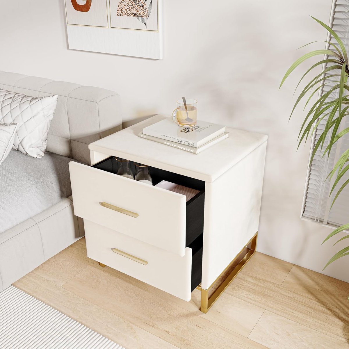 Nachtkastje 40x40x50 cm, set van 2 met 2 lades en gouden basis - Industrohome