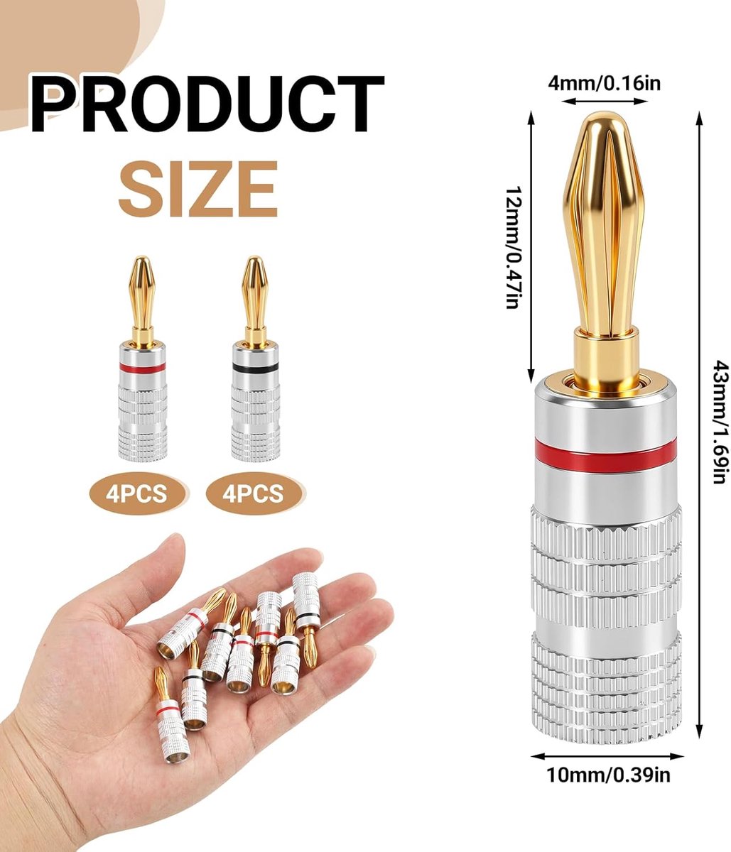 Bananenstekker, 4 mm, goudkleurig, 24 K, design met 6 messen, basis van puur koper, schroefverbindingen voor - ShopVlot