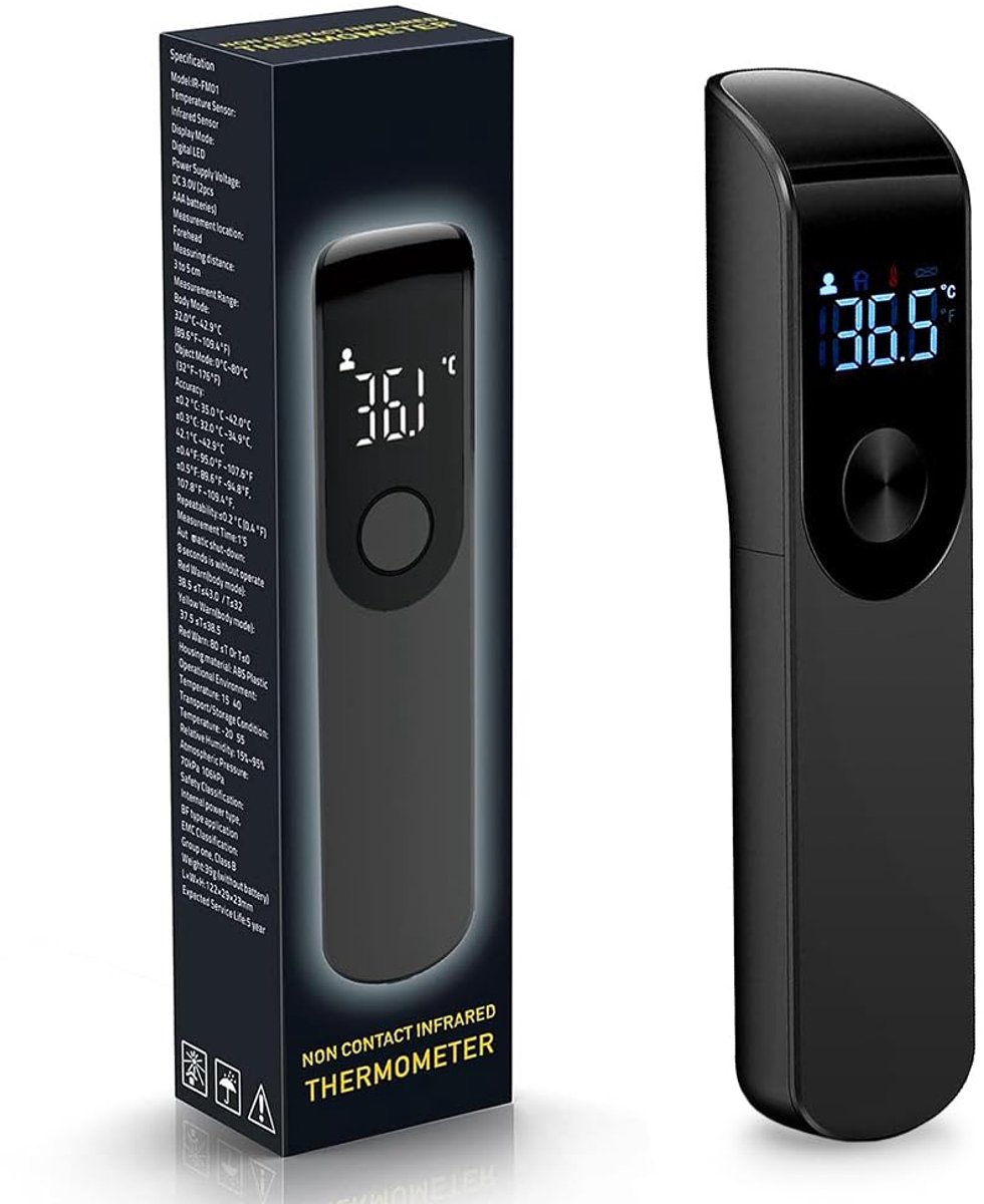 Contactloze infraroodthermometer, digitale thermometer met lcd-display en koortsalarm, ℃/℉, direct aflezen, digitale koortsthermometer (zwart)