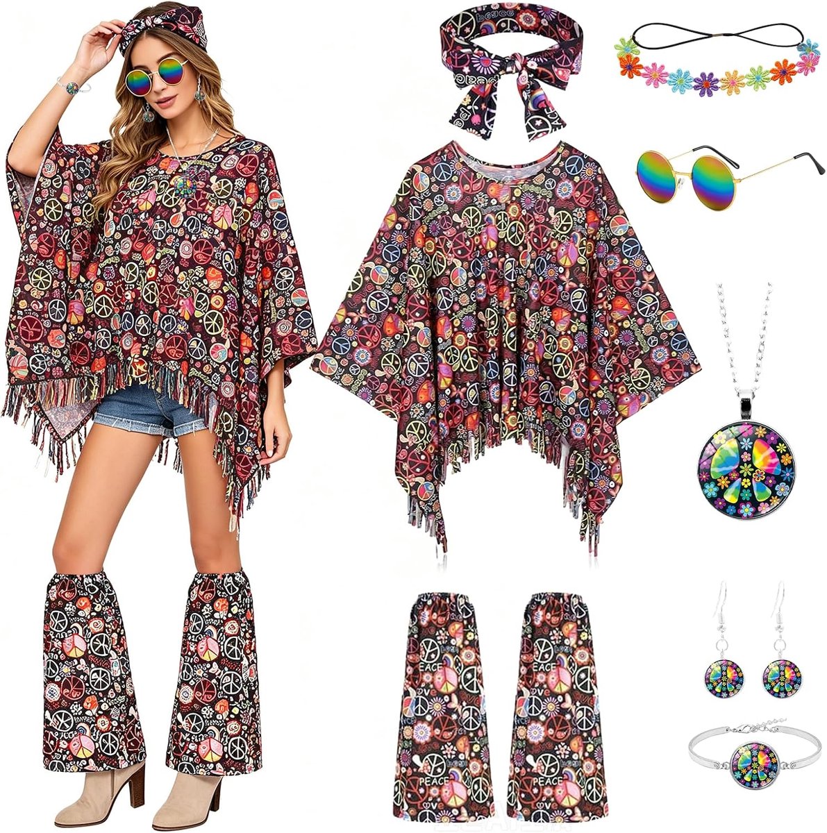 Hippiekostuum voor dames, carnavalskostuums voor dames, jaren 70-outfit voor dames