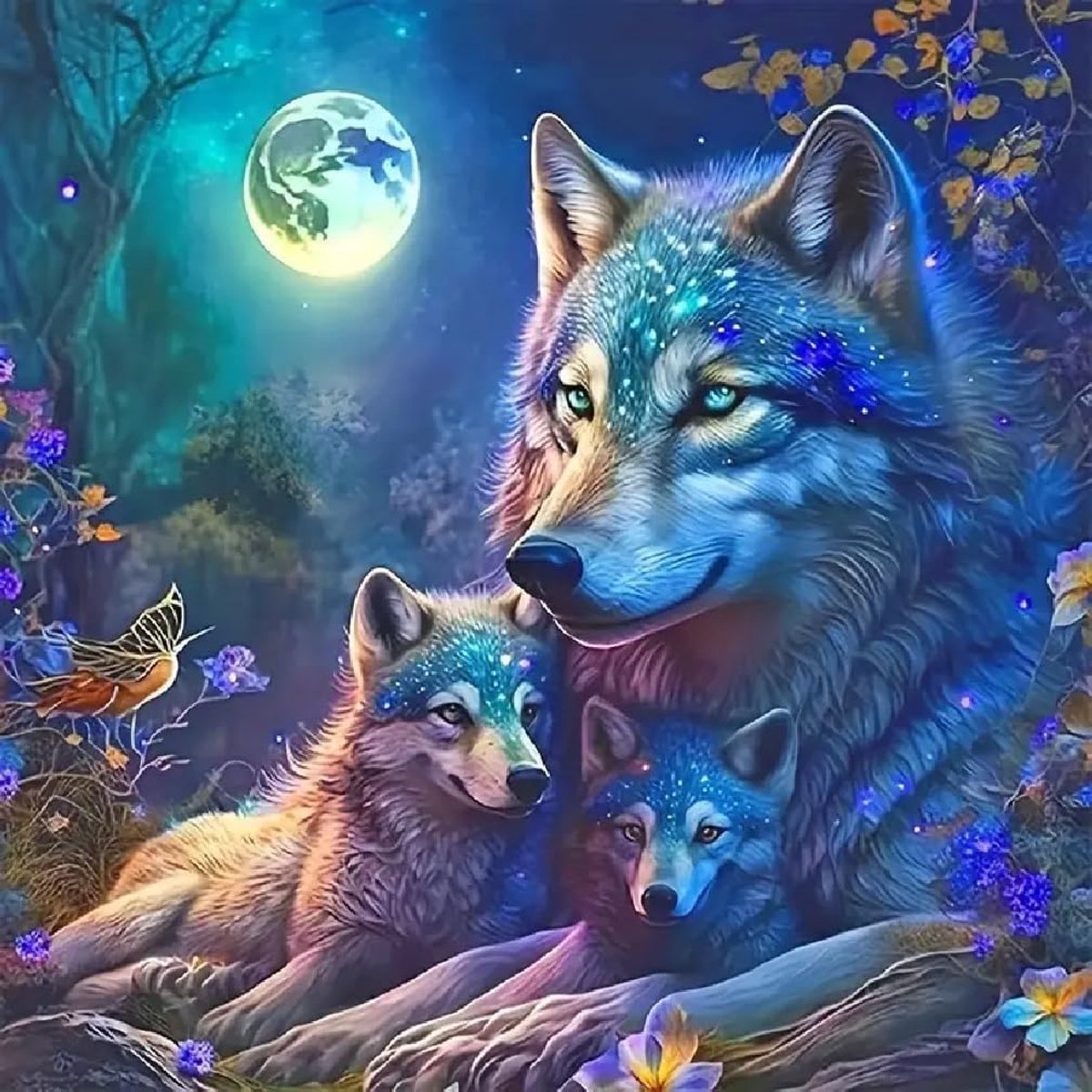 Diamond Painting, 5D Diamond Painting Kits voor volwassenen en beginners, volledige boring, wolf, familie, nachtmaan, diamantschilderset, doe-het-zelf, kristal, rond, diamantkunst voor