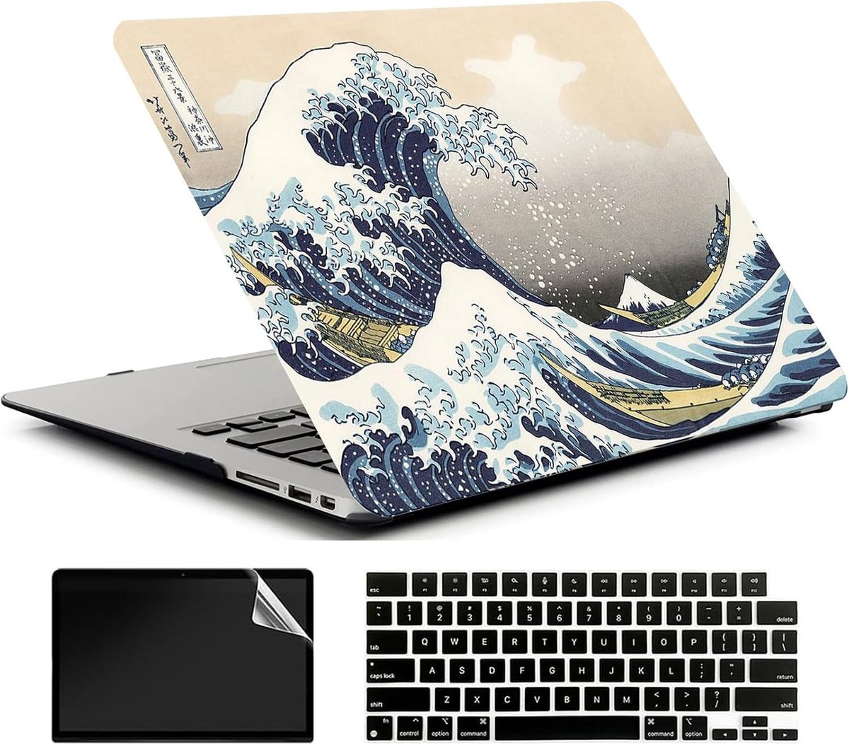 Compatibel met MacBook Air 13 Inch Case 2017 2016 2015 2014 2013 2012 2011 2010 Release A1466/A1369, Plastic Hard Shell Case & Keyboard Cover & Screen Protector - Kanagawa Japan Wave